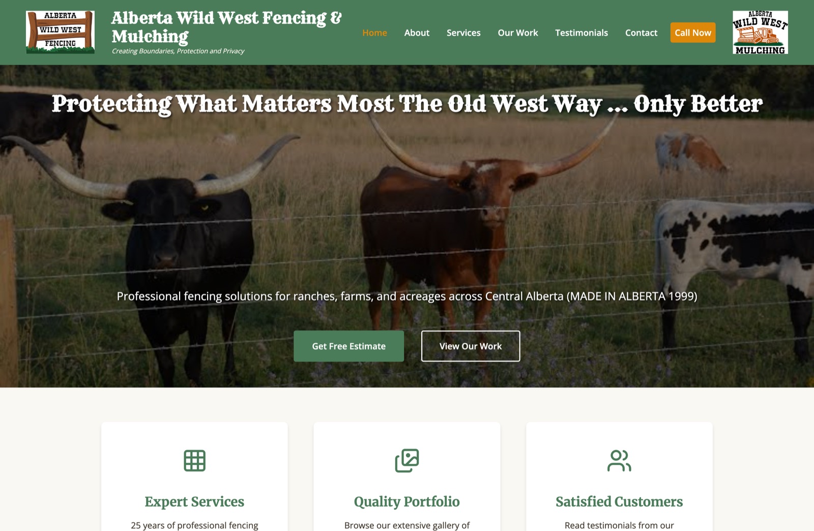 Alberta Wild West Fencing website after our work, on desktop