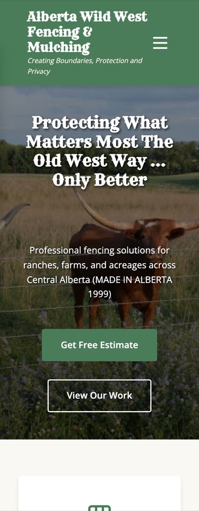 Alberta Wild West Fencing website after our work, on a phone