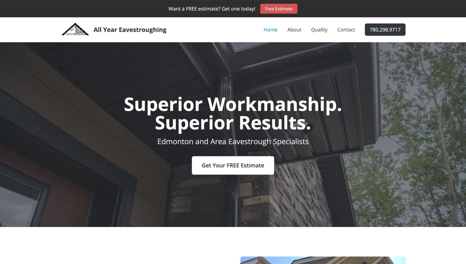 All Year Eavestroughing website after our work, on desktop