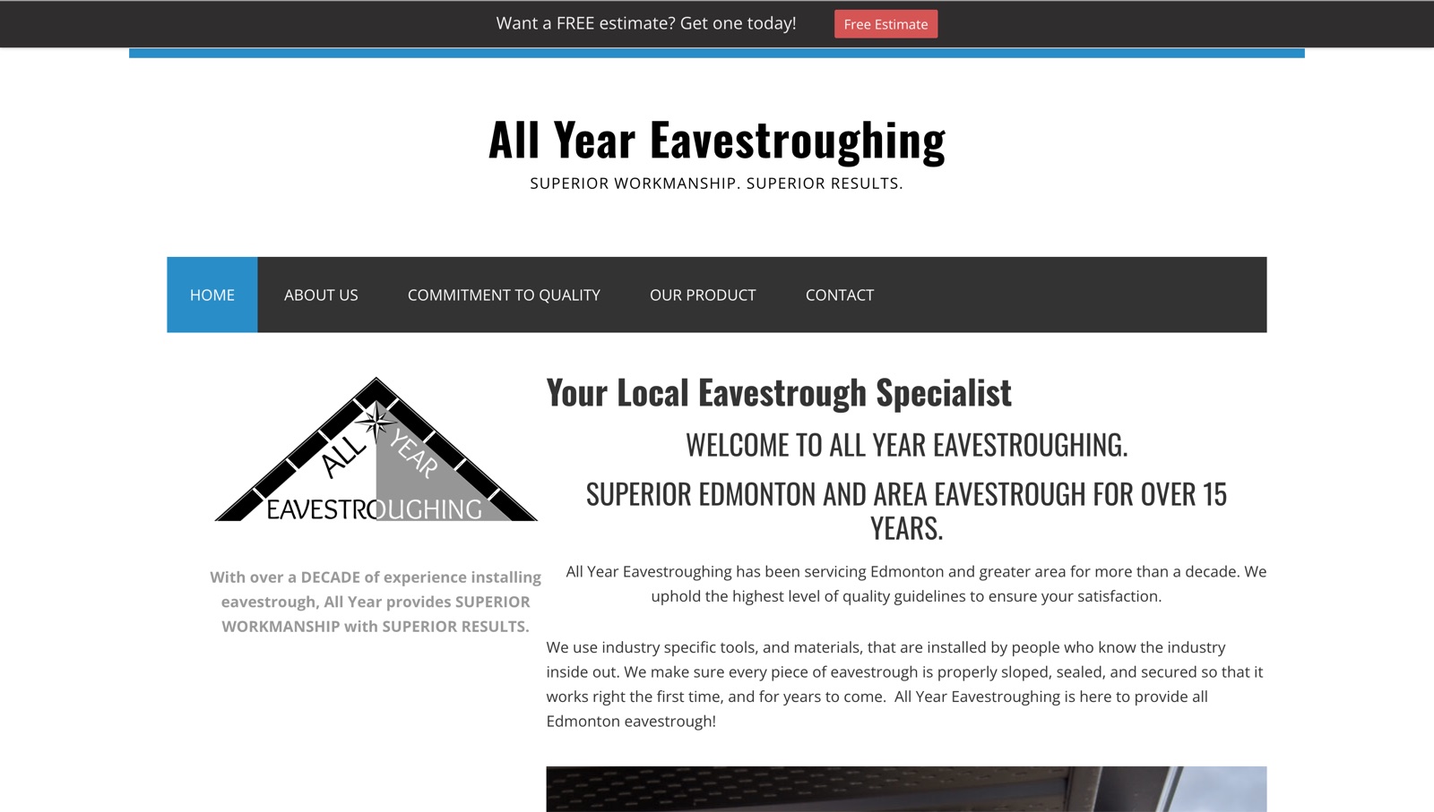All Year Eavestroughing website before our work, on desktop
