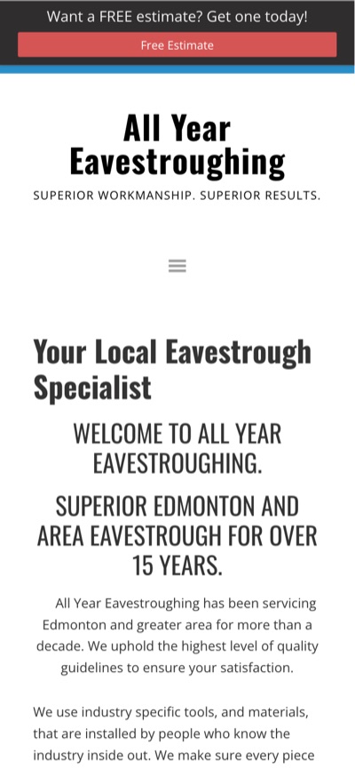 All Year Eavestroughing website before our work, on a phone
