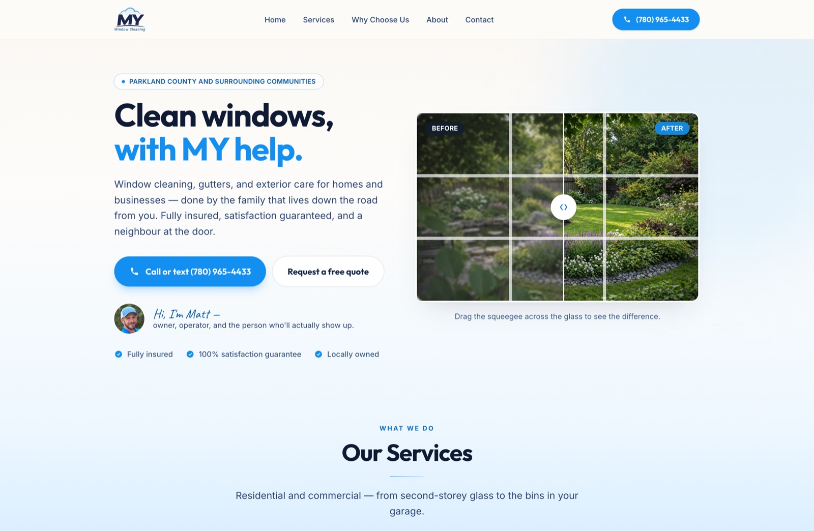 MY Window Cleaning website after our work, on desktop