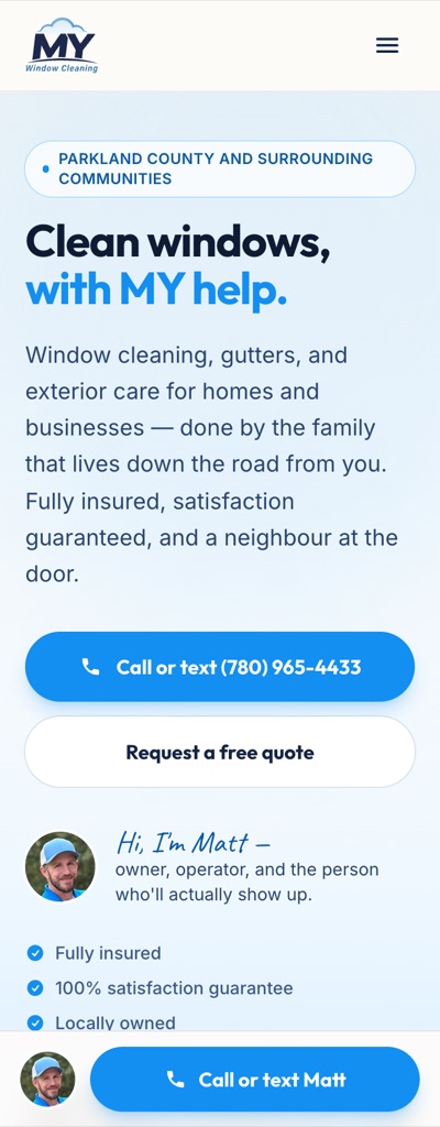 MY Window Cleaning website after our work, on a phone