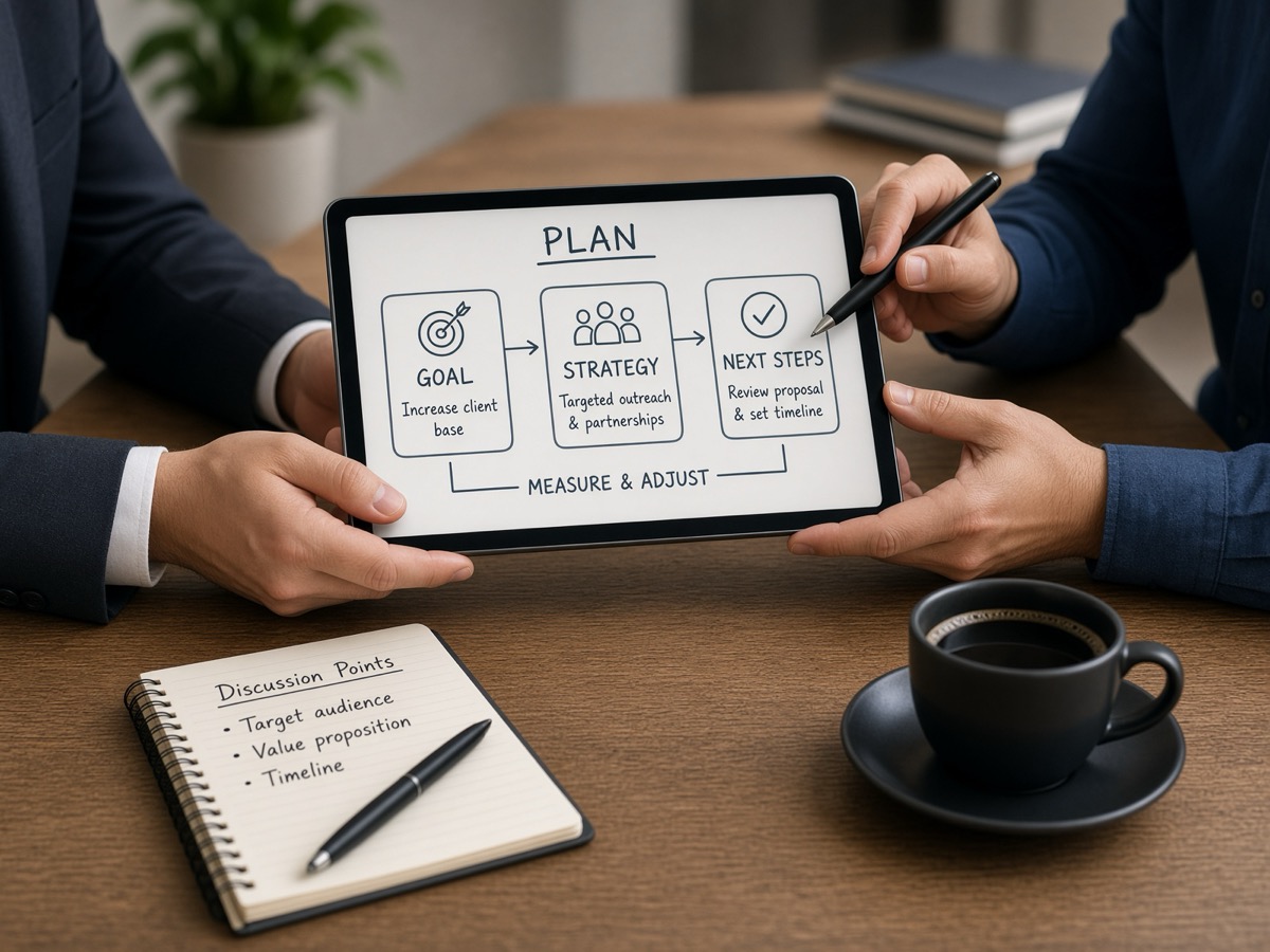 Two people reviewing a plan on a tablet