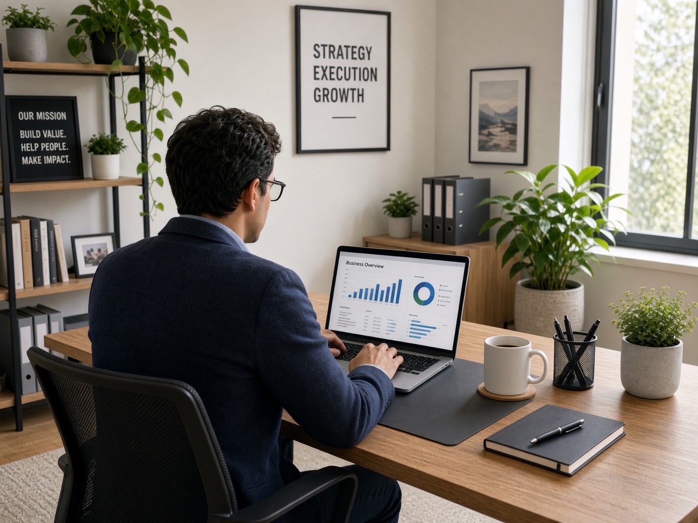 A business owner working calmly at his laptop