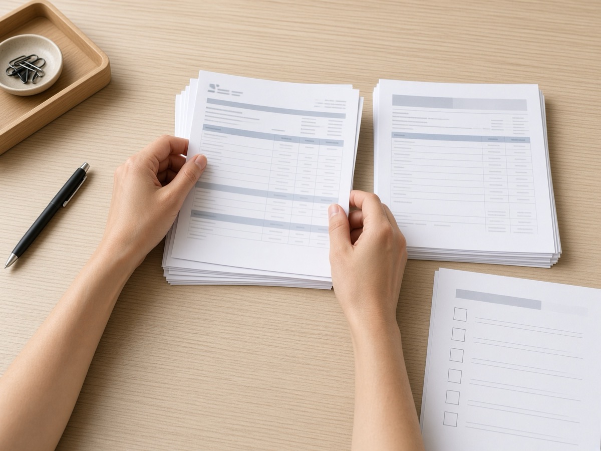 Hands sorting printed statements into piles on a desk