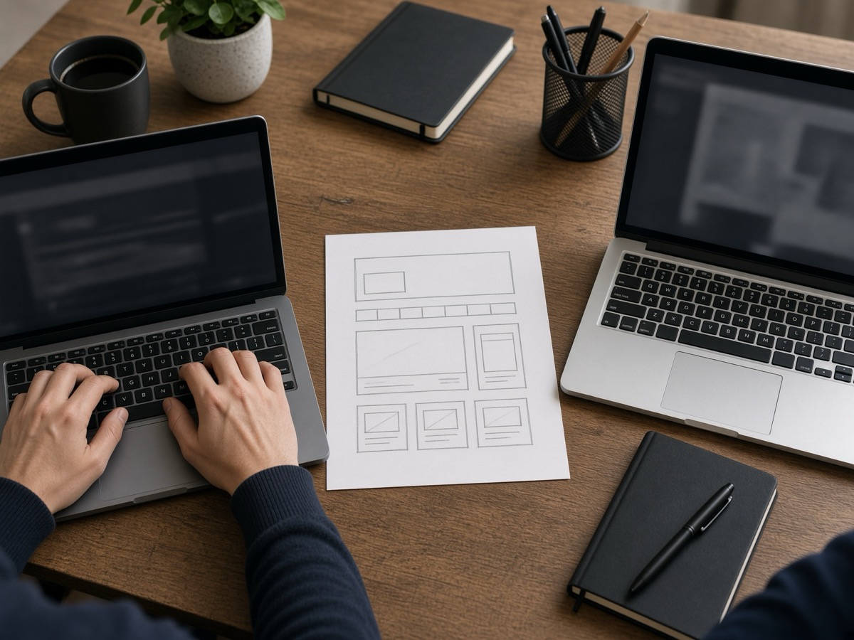 Two laptops on a shared table with a sketched web page layout between them
